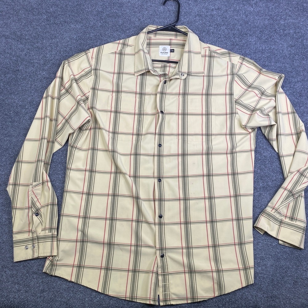 Flylow Sinclair Flannel Plaid Pearl Snap Camp Shirt Mens XL Tan Red 0021-2022